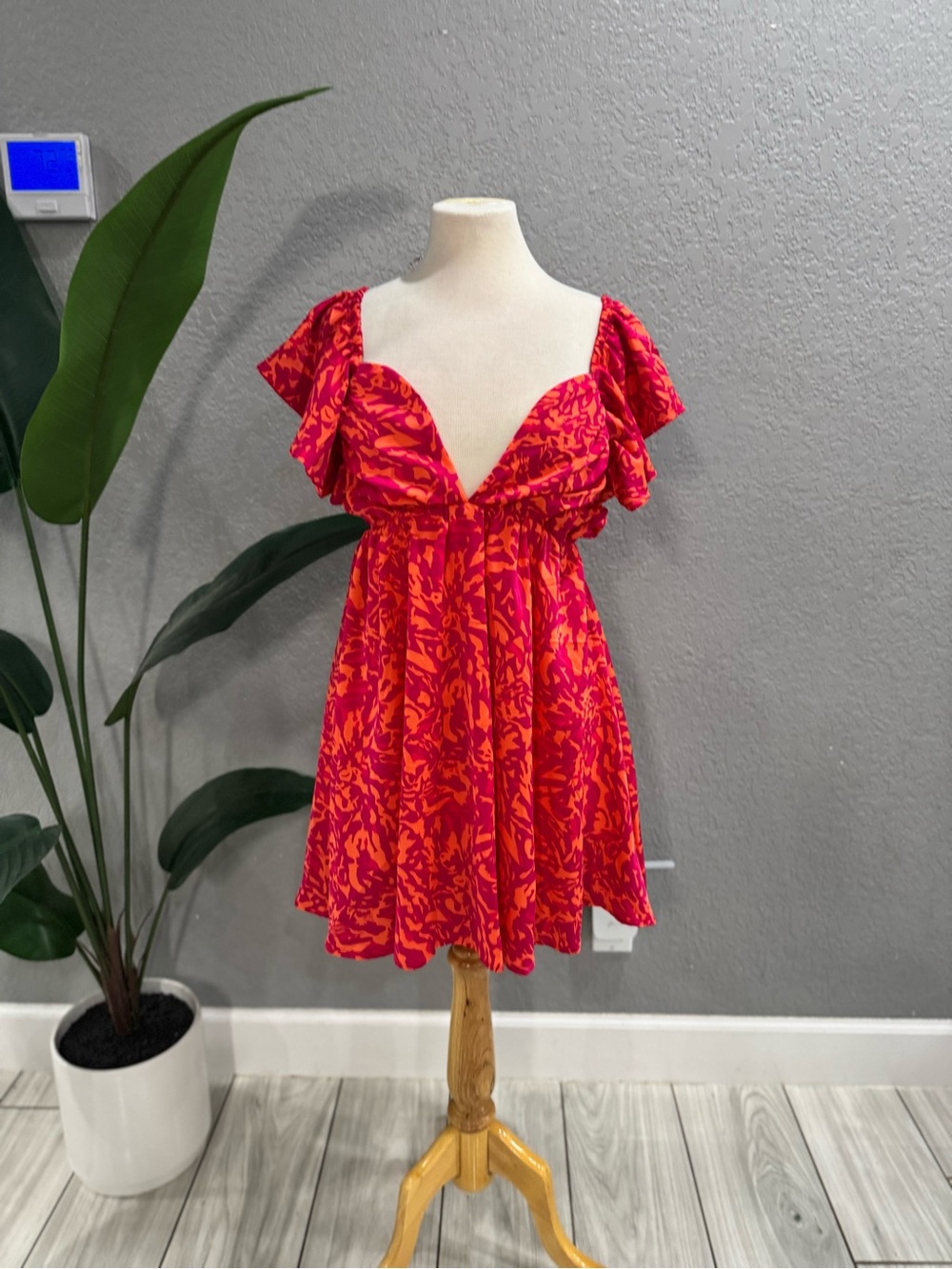 Red-Pink Floral V-Neck Mini Dress
